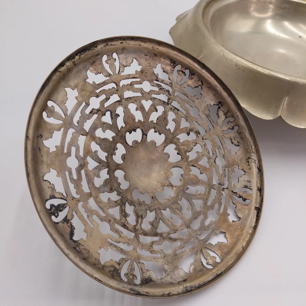 Vtg Silver Plate Dish Flower Frog Floral Potpourri 2455 Victorian Ornate Style‎